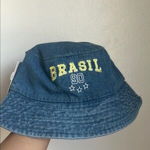 Denim Bucket Hat with Embroidered Brasil Design
